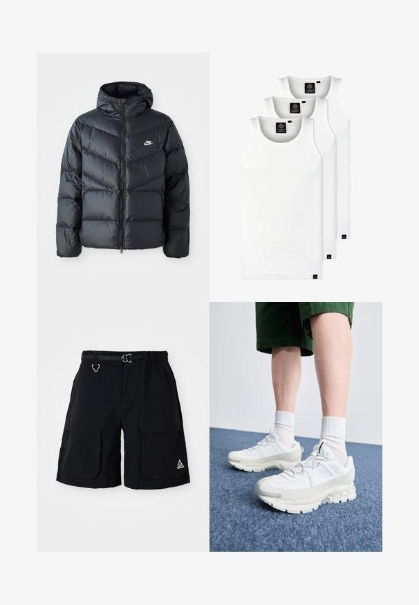 Must must vilakapp, millel on kapuuts, esiosal on lukuga kinnitamine, chevroni õmblusmustri disain, küljetaskud ja Nike logo rinnal.; Kolm valget ribaga t-särki, mis on valmistatud puuvillast. Omavad ümmargust kaelanõhku ja väikseid musti silte hemme lähedal. Saadaval erinevates suurustes.; Mustad mustregaalsed šortsid, millel on elastne talje, sisseintegreeritud vöö, suured küljetaskud ja kolmnurkne ACG logo paremal jalal.; Valged sportsijalatsid tekstuursete pealsete, kopsaka tallaga ja hallide aktsentidega. Kanda valgete lühikeste sokkidega ja roheliste lühikeste pükstega sinisel pinnal.