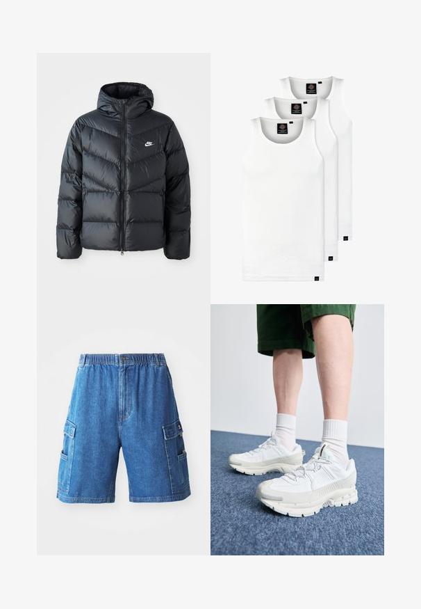 Schwarze Pufferjacke mit Kapuze, mit Reißverschluss vorne, Chevron-Steppdesign, Seiten Taschen und Nike-Logo auf der Brust.; Drei weiße, gerippte Tanktops aus Baumwolle. Merkmale einen Rundhalsausschnitt und kleine schwarze Etiketten am Saum. In mehreren Größen erhältlich.; Denim-Cargo-Shorts in Mittelblau mit elastischem Bund, mehreren Seitentaschen und geradem Schnitt. Strukturiertem Stoff mit sichtbaren Nähten.; Weiße Sportschuhe mit strukturierten Überzügen, einer dicken Sohle und grauen Akzenten. Tragen mit weißen Crew-Socken und grünen Shorts auf einer blauen Oberfläche.