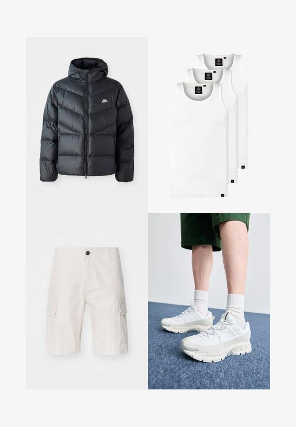 Must must vilakapp, millel on kapuuts, esiosal on lukuga kinnitamine, chevroni õmblusmustri disain, küljetaskud ja Nike logo rinnal.; Kolm valget ribaga t-särki, mis on valmistatud puuvillast. Omavad ümmargust kaelanõhku ja väikseid musti silte hemme lähedal. Saadaval erinevates suurustes.; Beežid cargo-lühikesed püksid on valmistatud kergest kangast, omavad kahte küljetaskut, nup closure'it ja vabalt lõiget. Sile tekstuur koos peene mustriga.; Valged sportsijalatsid tekstuursete pealsete, kopsaka tallaga ja hallide aktsentidega. Kanda valgete lühikeste sokkidega ja roheliste lühikeste pükstega sinisel pinnal.