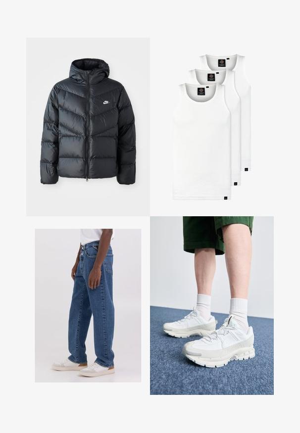 Jachetă puffer neagră cu glugă, având fermoar frontal, design quilted în formă de V, buzunare laterale și logo Nike pe piept.; Trei maieuri albe ribbate din bumbac. Au un guler rotund și etichete negre mici lângă tiv. Disponibile în mai multe mărimi.; Jeans din denim bleu deschis cu o croială relaxată, design cu cinci buzunare și închidere cu nasture, asortați cu un tricou alb simplu și adidași albi.; Pantofi sport albi cu suprapuneri texturate, talpă masivă și accente gri. Purtați cu șosete albe până la glezne și pantaloni scurți verzi pe o suprafață albastră.