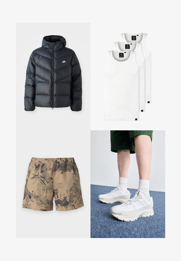 Juodas pūkinis švarkas su kapuce, su užtrauktuku priekyje, zigzaginiu siuvinėjimu, šoninėmis kišenėmis ir Nike logotipu ant krūtinės.; Trys balti, dryžuoti marškiniai be rankovių, pagaminti iš medvilnės. Yra apvalus kaklas ir maži juodi etiketės netoli siūlės. Siūlomi įvairių dydžių.; Bežiniai šortai su juodu gamtos raštu, turi elastingą juosmenį ir raištelį. Pagaminti iš lengvos medžiagos, tinkami kasdieniam dėvėjimui.; Baltos sportinės bateliai su tekstūruotais uždengimais, masyviu padu ir pilkais akcentais. Dėvimi su baltais trumpais kojiniais ir žaliais šortais mėlyname paviršiuje.