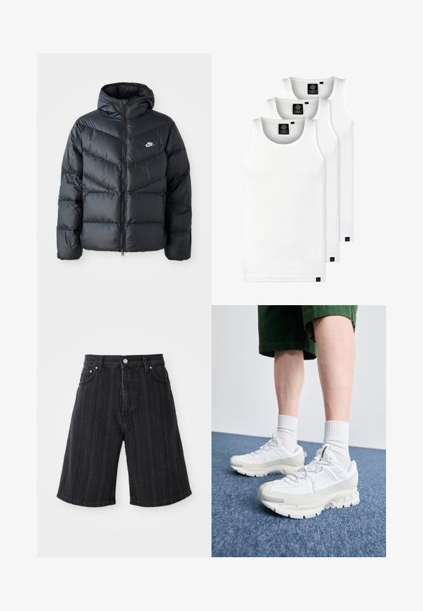 Juodas pūkinis švarkas su kapuce, su užtrauktuku priekyje, zigzaginiu siuvinėjimu, šoninėmis kišenėmis ir Nike logotipu ant krūtinės.; Trys balti, dryžuoti marškiniai be rankovių, pagaminti iš medvilnės. Yra apvalus kaklas ir maži juodi etiketės netoli siūlės. Siūlomi įvairių dydžių.; Juoda džinsinė šortai su plačiu sijonu, turi vertikalių dryželių, priekinėmis kišenėmis ir metaliniais detalėmis.; Baltos sportinės bateliai su tekstūruotais uždengimais, masyviu padu ir pilkais akcentais. Dėvimi su baltais trumpais kojiniais ir žaliais šortais mėlyname paviršiuje.