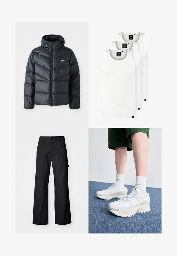 Fekete puffdzseki kapucnival, cipzáras elülső résszel, chevron quiltelt dizájnnal, oldalsó zsebekkel és Nike logóval a mellkasán.; Három fehér csíkos pamut trikó. Felső része kerek nyakkivágású, és a szegély közelében kis fekete címkék találhatók. Több méretben elérhető.; Fekete, bőszárú nadrág tartós anyagból. Gombos záródással és oldalsó zsebekkel rendelkezik. Sima textúra, letisztult dizájnnal.; Fehér sportcipők texturált burkolattal, vastag talppal és szürke részletekkel. Fehér sportzoknival és zöld rövidnadrággal viselve, kék felületen.