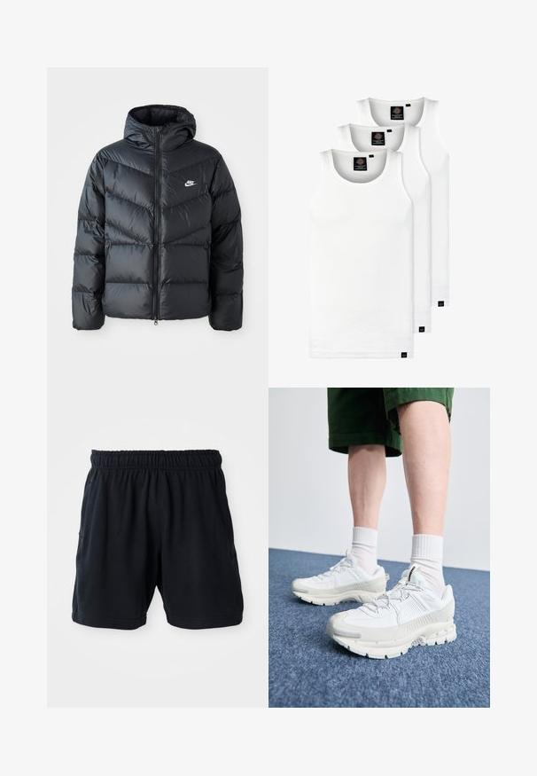 Černá péřová bunda s kapucí, která má zipový přední otvor, design s chevronovým prošíváním, boční kapsy a logo Nike na hrudi.; Tři bílé žebrované tílka vyrobené z bavlny. Mají kulatý výstřih a malé černé štítky poblíž lemu. Dostupné v několika velikostech.; Černé sportovní šortky vyrobené z měkké látky, s elastickým pasem a dvěma bočními kapsami pro pohodlí.; Bílé sportovní boty s texturovanými překryvy, masivní podrážkou a šedými akcenty. Na nohou mají bílé ponožky a zelené šortky na modrém povrchu.