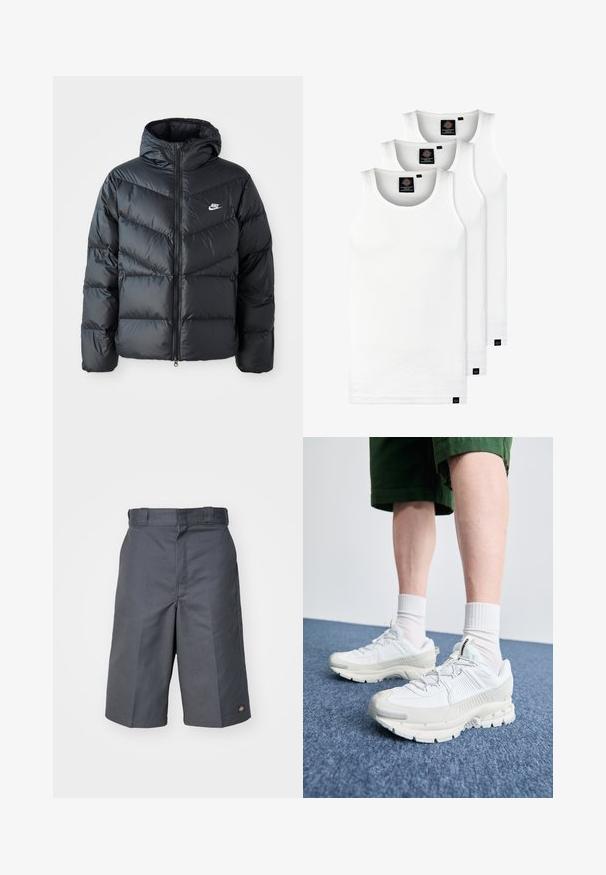 Giacca a vento nera con cappuccio, dotata di zip frontale, design a diamantini a zigzag, tasche laterali e logo Nike sul petto.; Tre canotte bianche a coste in cotone. Presentano un colletto rotondo e piccole etichette nere vicino all'orlo. Disponibile in diverse taglie.; Pantaloni corti grigi realizzati in tessuto resistente, con una vestibilità dritta, due tasche laterali e un piccolo logo sulla tasca posteriore.; Scarpe da ginnastica bianche con sovrapposizioni testurizzate, suola spessa e accenti grigi. Indossate con calze corte bianche e pantaloni corti verdi su una superficie blu.