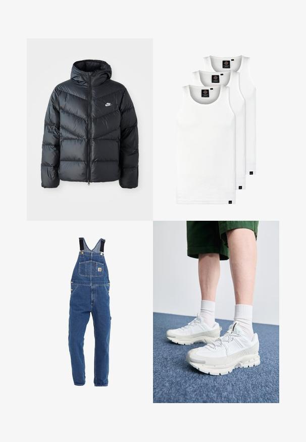 Giacca a vento nera con cappuccio, dotata di zip frontale, design a diamantini a zigzag, tasche laterali e logo Nike sul petto.; Tre canotte bianche a coste in cotone. Presentano un colletto rotondo e piccole etichette nere vicino all'orlo. Disponibile in diverse taglie.; Salopette in denim di tonalità blu medio, con spalline nere regolabili, numerose tasche e dettagli in metallo.; Scarpe da ginnastica bianche con sovrapposizioni testurizzate, suola spessa e accenti grigi. Indossate con calze corte bianche e pantaloni corti verdi su una superficie blu.