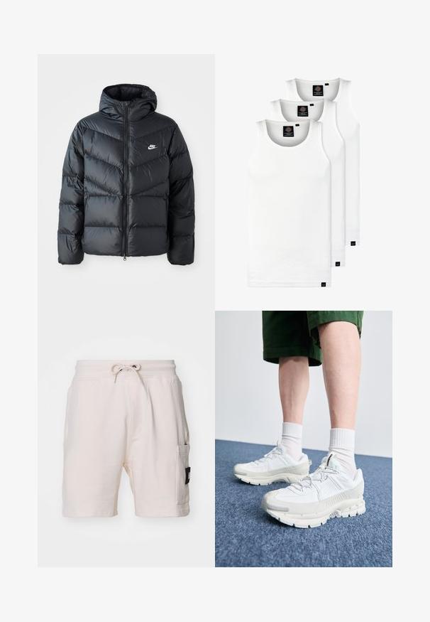 Must must vilakapp, millel on kapuuts, esiosal on lukuga kinnitamine, chevroni õmblusmustri disain, küljetaskud ja Nike logo rinnal.; Kolm valget ribaga t-särki, mis on valmistatud puuvillast. Omavad ümmargust kaelanõhku ja väikseid musti silte hemme lähedal. Saadaval erinevates suurustes.; Kerged beežist puuvillasest kangast lühikesed püksid, millel on elastne vöökoht, nöör, küljetaskud ja silmapaistev must plaastrilabel külgedel.; Valged sportsijalatsid tekstuursete pealsete, kopsaka tallaga ja hallide aktsentidega. Kanda valgete lühikeste sokkidega ja roheliste lühikeste pükstega sinisel pinnal.