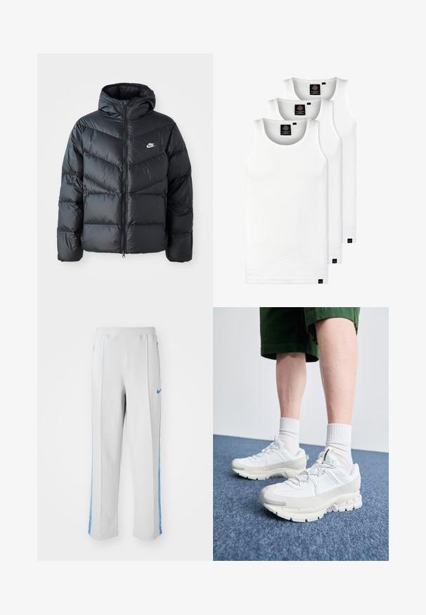 Černá péřová bunda s kapucí, která má zipový přední otvor, design s chevronovým prošíváním, boční kapsy a logo Nike na hrudi.; Tři bílé žebrované tílka vyrobené z bavlny. Mají kulatý výstřih a malé černé štítky poblíž lemu. Dostupné v několika velikostech.; Světle šedé sportovní kalhoty s modrými bočními pruhy, pohodlného střihu, elastickým pasem a kapsami na zip. Logo Nike na přední straně.; Bílé sportovní boty s texturovanými překryvy, masivní podrážkou a šedými akcenty. Na nohou mají bílé ponožky a zelené šortky na modrém povrchu.
