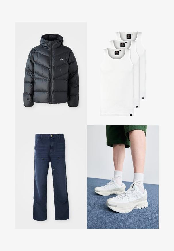 Černá péřová bunda s kapucí, která má zipový přední otvor, design s chevronovým prošíváním, boční kapsy a logo Nike na hrudi.; Tři bílé žebrované tílka vyrobené z bavlny. Mají kulatý výstřih a malé černé štítky poblíž lemu. Dostupné v několika velikostech.; Námorně modré cargo kalhoty vyrobené z denimu, s rovnými nohavicemi, předními kapsami a zlatými knoflíkovými akcenty.; Bílé sportovní boty s texturovanými překryvy, masivní podrážkou a šedými akcenty. Na nohou mají bílé ponožky a zelené šortky na modrém povrchu.