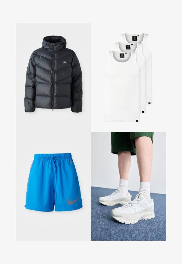 Čierna prešívaná bunda s kapucňou, disponujúca zipsovým uzáverom, dizajnom v tvare chevronu, bočnými vreckami a logom Nike na hrudi.; Tri biele rebrované tielka vyrobené z bavlny. Majú okrúhly výstrih a malé čierne štítky pri leme. Dostupné v rôznych veľkostiach.; Modré šortky z ľahkého materiálu s elastickým pásom a šnúrkou na stiahnutie. Obsahujú potlačené oranžové logo Nike.; Biele športové topánky s textúrovanými prešívaniami, robustnou podrážkou a sivými akcentami. Nosené s bielymi ponožkami po členky a zelenými šortkami na modrom povrchu.