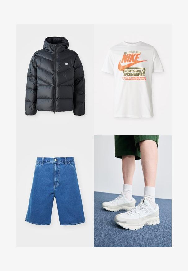 Doudoune noire avec capuche, avec fermeture éclair à l'avant, design matelassé en chevrons, poches latérales et logo Nike sur la poitrine.; T-shirt en coton blanc arborant un grand logo orange "NIKE" ainsi qu'un texte vert indiquant "SPORTSWEAR ENGINEERED" et d'autres spécifications.; Shorts en denim de couleur bleue, coupe décontractée, taille mi-haute, poches avant et fermeture à bouton. Détails de couture le long des coutures.; Des chaussures de sport blanches avec des superpositions texturées, une semelle épaisse et des accents gris. Portées avec des chaussettes blanches et des shorts verts sur une surface bleue.