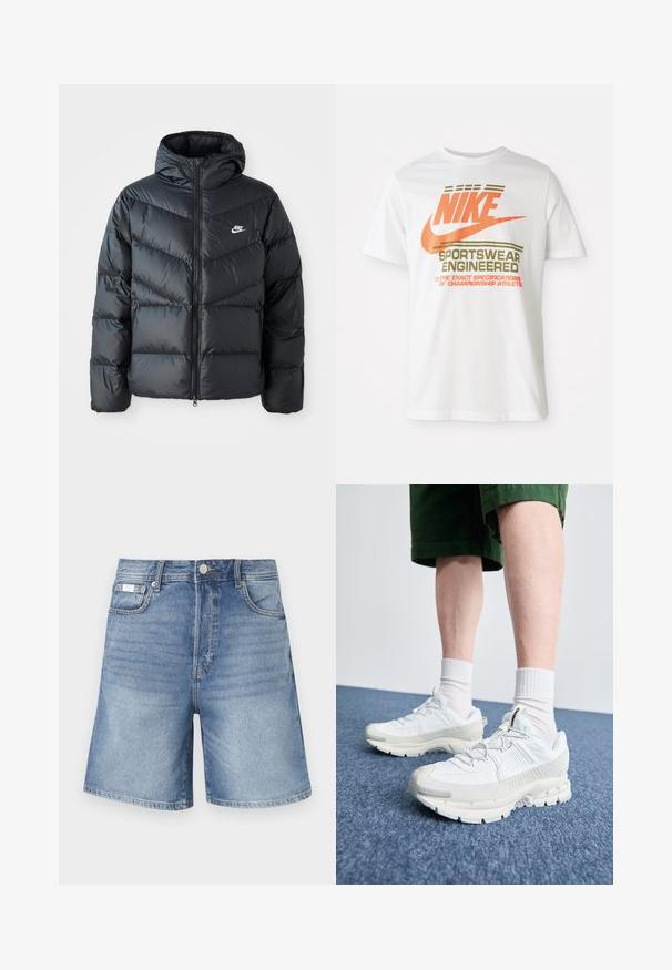 Doudoune noire avec capuche, avec fermeture éclair à l'avant, design matelassé en chevrons, poches latérales et logo Nike sur la poitrine.; T-shirt en coton blanc arborant un grand logo orange "NIKE" ainsi qu'un texte vert indiquant "SPORTSWEAR ENGINEERED" et d'autres spécifications.; Shorts en denim bleu clair, présentant une coupe classique, un design à cinq poches et des coutures contrastées. Le matériau est lisse avec un léger dégradé.; Des chaussures de sport blanches avec des superpositions texturées, une semelle épaisse et des accents gris. Portées avec des chaussettes blanches et des shorts verts sur une surface bleue.