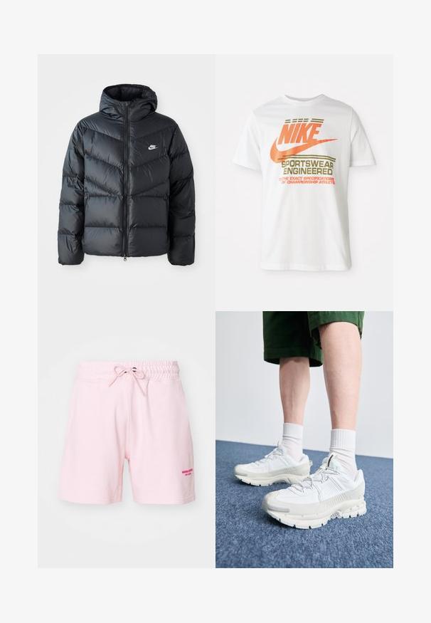 Giacca a vento nera con cappuccio, dotata di zip frontale, design a diamantini a zigzag, tasche laterali e logo Nike sul petto.; Maglietta in cotone bianco con un grande logo arancione "NIKE" e testo verde che recita "SPORTSWEAR ENGINEERED" e ulteriori specifiche.; Shorts in cotone rosa chiaro con vita elasticizzata e cordoncino. Presentano del testo ricamato in rosa scuro sulla parte anteriore destra.; Scarpe da ginnastica bianche con sovrapposizioni testurizzate, suola spessa e accenti grigi. Indossate con calze corte bianche e pantaloni corti verdi su una superficie blu.
