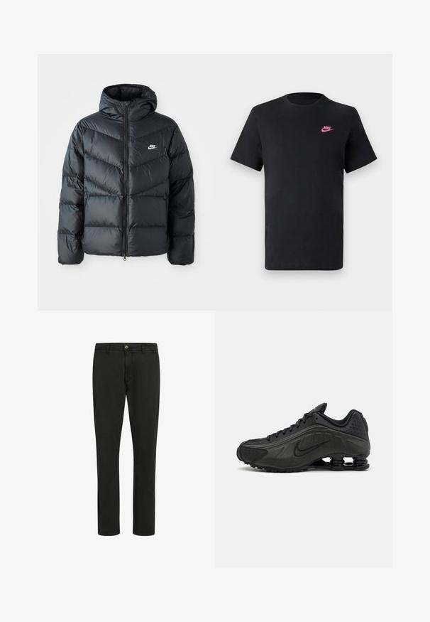 Black puffer jacket with a hood, featuring a zip front, chevron quilted design, side pockets, and Nike logo on the chest.; Black cotton t-shirt with a round neckline and short sleeves. Features a pink Nike logo on the upper left side. Smooth texture.; Black cotton trousers with a straight cut, front button closure, and two side pockets; smooth texture with minimalistic design.; Black running shoes featuring a smooth synthetic upper, perforated accents, textured side panels, and a distinct springy sole.