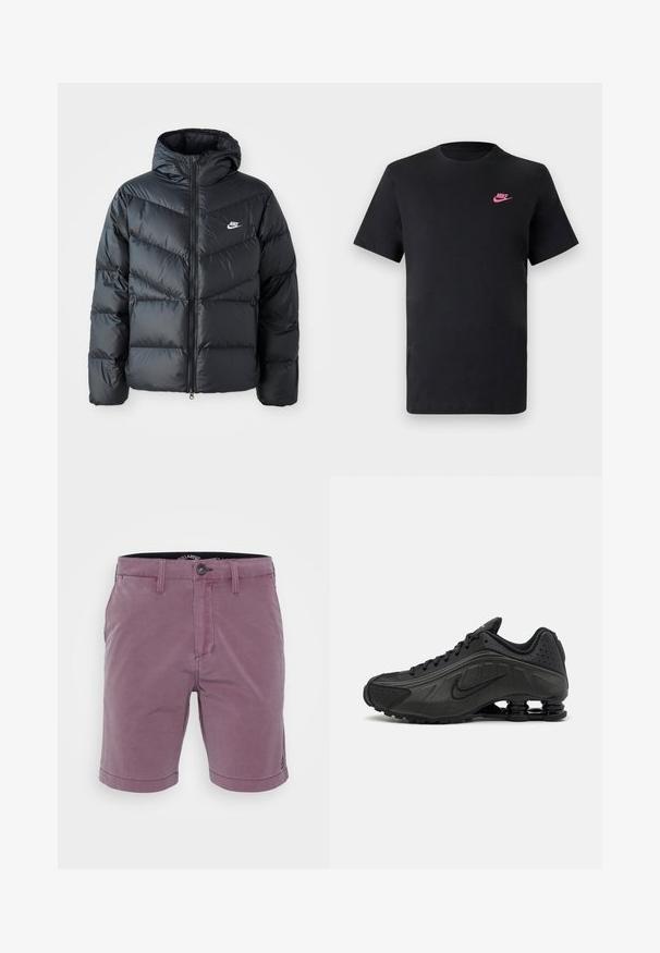 Sort dunjakke med hætte, der har lynlås foran, chevron quiltet design, sidelommer og Nike-logo på brystet.; Sort bomulds T-shirt med rund halsudskæring og korte ærmer. Har et pink Nike-logo på øverste venstre side. Glat tekstur.; Mænds mauve knælange shorts med knaplukning, bæltesløjfer og forlommer, vist mod en hvid baggrund.; Sorte løbesko med en glat syntetisk overdel, perforerede detaljer, teksturerede sidedele og en distinkt fjedrende sål.