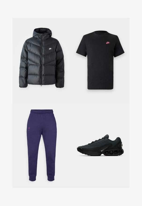 Melnā pūkaina jaka ar kapuci, ar rāvējslēdzēju priekšā, šķautņu šuvuma dizainu, sānu kabatām un Nike logotipu uz krūtīm.; Melnas kokvilnas T-krekls ar apaļu kaklu un īsām piedurknēm. Uz augšējās kreisās puses ir rozā Nike logo. Gluda tekstūra.; Violetis koka sporta bikses ar elastīgu jostu, pieguļošiem uz kājām un rozā izšūtu logo detalizējumu priekšējā kreisajā pusē un aizmugures pusē.; Melnas sporta kurpes ar teksturētu audumu, izliekta forma, izteikts vidusposms un redzamie amortizācijas elementi. Iespējo baltu logotipa detaļu.