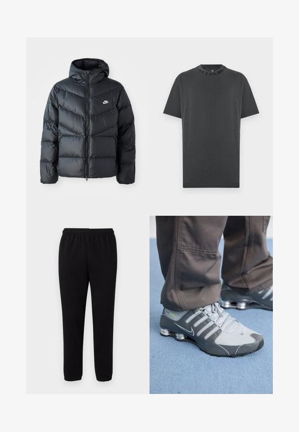 Schwarze Pufferjacke mit Kapuze, mit Reißverschluss vorne, Chevron-Steppdesign, Seiten Taschen und Nike-Logo auf der Brust.; Schwarzes, kurzärmeliges T-Shirt aus Baumwolle mit einem Rundhalsauschnitt und eingeprägtem "NIKE"-Logo am Kragen. Keine Muster oder zusätzlichen Akzente.; Schwarze lässige Sweatpants mit elastischem Bund und Bündchen an den Knöcheln, vor einem schlichten weißen Hintergrund dargestellt.; Graue und silberne Nike Shox Sneakers zeichnen sich durch ein schlankes Design aus, mit Netz- und Synthetikmaterialien, einer abgerundeten Zehenpartie und einem gepolsterten Schuhkragen.