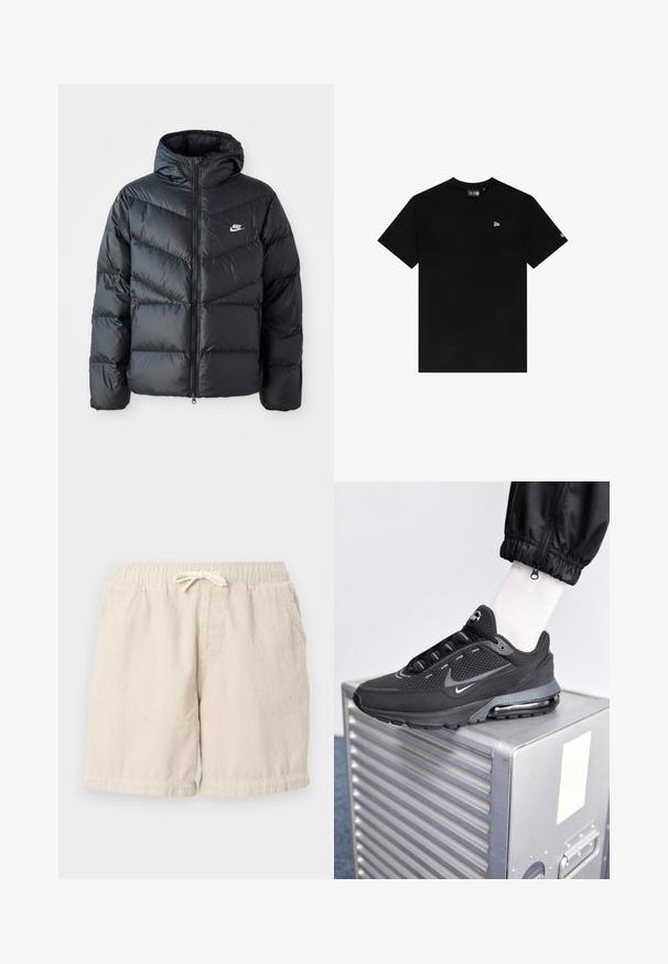 Giacca a vento nera con cappuccio, dotata di zip frontale, design a diamantini a zigzag, tasche laterali e logo Nike sul petto.; T-shirt nera in cotone con collo a giro, maniche corte, caratterizzata da un piccolo logo bianco sul lato sinistro del petto e senza ulteriori motivi o accentuazioni.; Shorts in corduroy beige con vita elastica e laccetto, dotati di tasche laterali e motivo testurizzato a righe.; Nike Sportswear PULSE - Sneakers basse - black/anthracite
