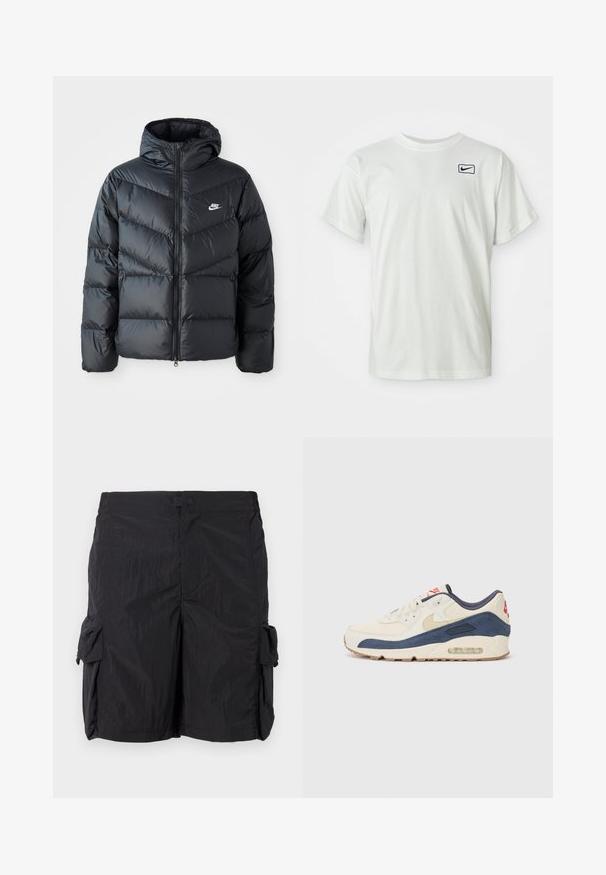 Juodas pūkinis švarkas su kapuce, su užtrauktuku priekyje, zigzaginiu siuvinėjimu, šoninėmis kišenėmis ir Nike logotipu ant krūtinės.; Balta medvilninė marškinėliai su trumpomis rankovėmis, su tamsiai mėlynu "Nike" logo išsiuvinėtu ant kairiojo krūtinės. Standartinio apvalaus kaklo dizainas.; Juodosios krovinių šortai, pagaminti iš lengvo, tekstūruoto audinio. turi dvi šonines kišenes, priekinį uždarymą ir tiesią siluetą.; Bėgimo bateliai su kreminės odos ir tamsiai mėlyno zomšo viršutine dalimi, turintys matomą oro padą, smėlio spalvos guminiu padu ir raudonu akcentu ant kulno.