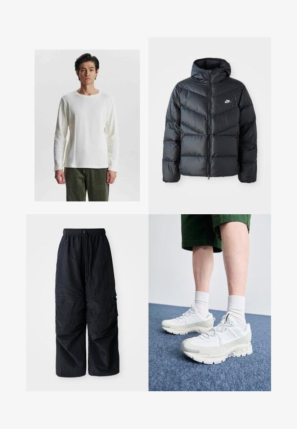 Fekete puffdzseki kapucnival, cipzáras elülső résszel, chevron quiltelt dizájnnal, oldalsó zsebekkel és Nike logóval a mellkasán.; Fehér, hosszú ujjú, bordás felső kerek nyakkivágással, texturált mintával és illeszkedő ujjakra, olíva zöld nadrággal párosítva.; Fekete, könnyű nátron anyagú cargo nadrág, elasztikus derékpánttal, állítható húzózsinórral és több rétegű zsebekkel a lábakon.; Fehér sportcipők texturált burkolattal, vastag talppal és szürke részletekkel. Fehér sportzoknival és zöld rövidnadrággal viselve, kék felületen.