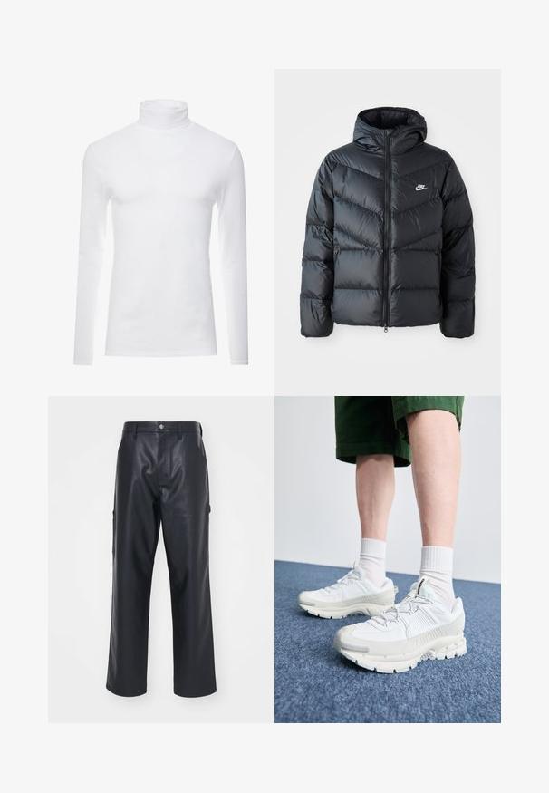 Schwarze Pufferjacke mit Kapuze, mit Reißverschluss vorne, Chevron-Steppdesign, Seiten Taschen und Nike-Logo auf der Brust.; Weißes Langarm-Turtleneck-Shirt aus weichem, dehnbarem Stoff. Verfügt über einen hohen Kragen und eine figurbetonte Passform, die eine schlanke Silhouette bietet.; Schwarze Lederhosen mit glatter Textur, weit geschnitten und mit seitlichen Taschen. Verfügt über einen Knopfverschluss und Gürtelschlaufen.; Weiße Sportschuhe mit strukturierten Überzügen, einer dicken Sohle und grauen Akzenten. Tragen mit weißen Crew-Socken und grünen Shorts auf einer blauen Oberfläche.