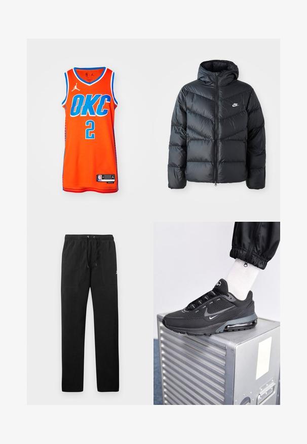 Czarna kurtka puchowa z kapturem, z zamkiem z przodu, w karoowy wzór, z bocznymi kieszeniami i logo Nike na piersi.; Pomarańczowy koszulka do koszykówki z napisem "OKC" w niebieskiej literze, numer "2." Siateczkowa tekstura z niebieskim wykończeniem i logo Jordana na ramieniu.; Czarne spodnie dresowe z polaru, z elastycznym paskiem w talii ze sznurkiem, dwiema przednimi kieszeniami oraz małym logo na udzie.; Nike Sportswear PULSE czarny
