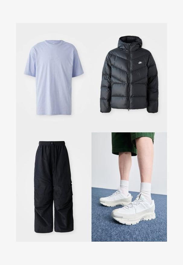 Čierna prešívaná bunda s kapucňou, disponujúca zipsovým uzáverom, dizajnom v tvare chevronu, bočnými vreckami a logom Nike na hrudi.; Svetlomodré bavlnené tričko s okrúhlym výstrihom a krátkymi rukávmi. Má vystúpené logo "nike" v strede prednej časti. Mäkkučký materiál.; Čierne ľahké nylonové cargo nohavice s elastickým pásom, nastaviteľnou šnúrkou a viacerými vrstvovými vreckami na nohách.; Biele športové topánky s textúrovanými prešívaniami, robustnou podrážkou a sivými akcentami. Nosené s bielymi ponožkami po členky a zelenými šortkami na modrom povrchu.