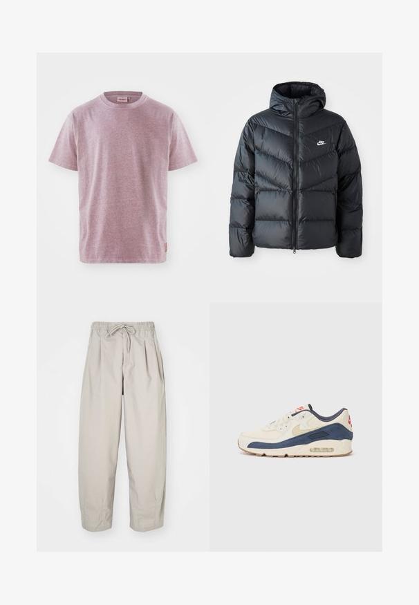 Černá péřová bunda s kapucí, která má zipový přední otvor, design s chevronovým prošíváním, boční kapsy a logo Nike na hrudi.; Tričko s krátkým rukávem z heathered světle růžové látky, kulatým výstřihem, s malou nášivkou loga na lemu. Měkká textura.; Béžové, lehké kalhoty s elastickým pasem a šňůrkou na stažení. Mají sklady a volný střih, vyrobené z měkké, hladké látky.; Tenisky s krémovým koženým svrškem a námořnickým semišem, s viditelnou vzduchovou podrážkou, béžovou gumovou podešví a červeným akcentem na patě.