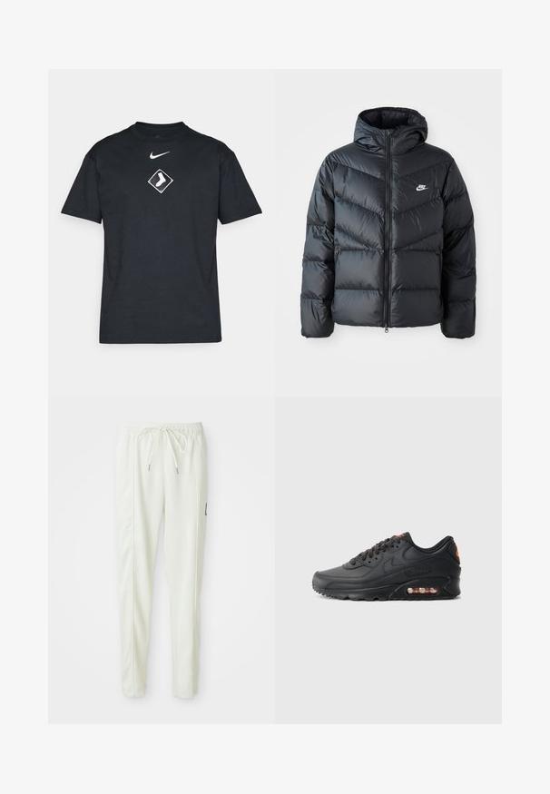 Svart boblejakke med hette, med glidelås foran, chevron-quiltet design, sidelommer og Nike-logo på brystet.; Svart bomull T-skjorte med korte ermer, rund hals, med en hvit Nike-logo og et diamantformet grafisk design med en hvit sokk.; Hvite slim-fit joggebukser med elastisk midje og snor, med side-seam detaljer og en liten svart lapp på høyre bein.; Nike Air Max 90-sneakers med en svart syntetisk overdel, teksturert finish, snøring foran, synlig luftpute og oransje aksentlogo.