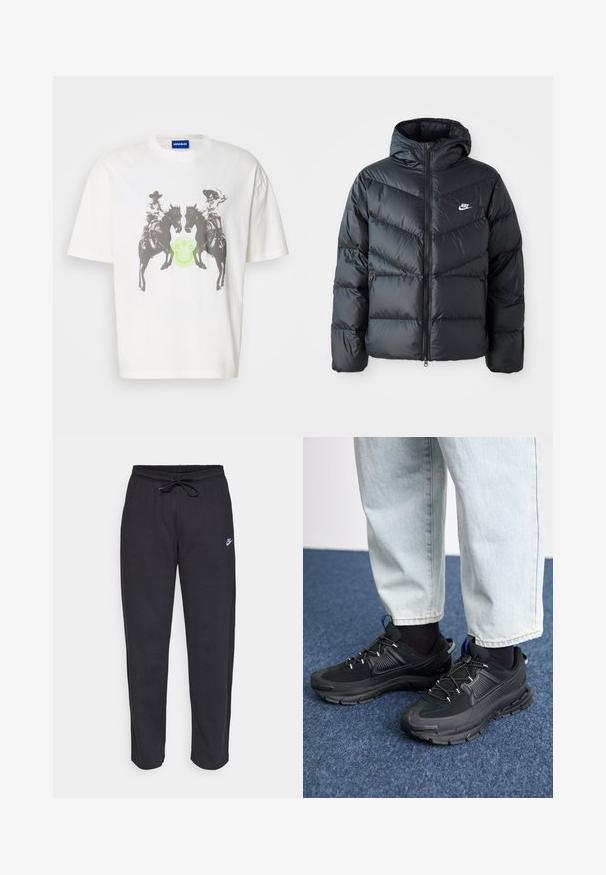 Casaco puffer preto com capuz, apresentando fecho com zíper na frente, design acolchoado em padrão de chevron, bolsos laterais e logótipo da Nike no peito.; T-shirt de algodão branca com uma estampa gráfica de dois cavaleiros em cavalos, com uma cara sorridente verde ao centro. Corte solto, mangas curtas.; Calças de treino pretas feitas de tecido suave, com faixa elástica na cintura, cordão regulador e um pequeno logótipo da Nike na coxa esquerda.; Sapatilhas desportivas pretas com tecido texturizado e solas em borracha, apresentando atacadores elásticos e um detalhe azul no calcanhar. Usadas com calças de ganga claras.