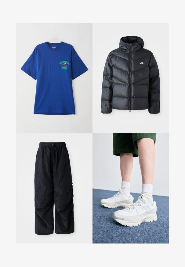 Sort dunjakke med hætte, der har lynlås foran, chevron quiltet design, sidelommer og Nike-logo på brystet.; Blå bomuld T-shirt med korte ærmer, der har et trykt motiv på venstre bryst i grønt og rødt, teksten inkluderer "Carhartt WIP" og "Pronto Subito."; Sorte letvægts nylon cargo bukser med elastisk talje, justerbar snor og flere lagrede lommer på benene.; Hvide atletiske sko med teksturerede overlays, en chunky sål og grå accenter. Båret med hvide ankelstrømper og grønne shorts på en blå overflade.