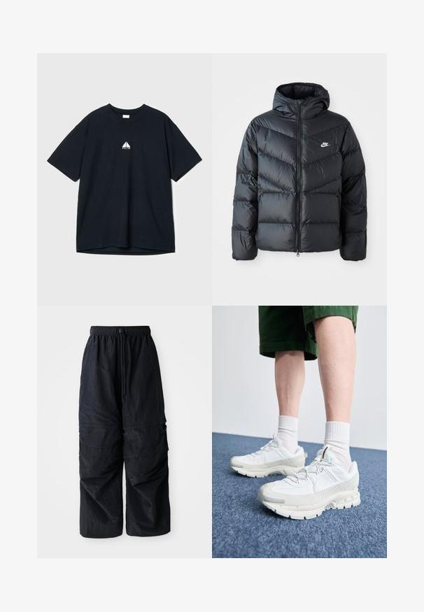 Juodas pūkinis švarkas su kapuce, su užtrauktuku priekyje, zigzaginiu siuvinėjimu, šoninėmis kišenėmis ir Nike logotipu ant krūtinės.; Juodas medvilnės marškinėliai su apvaliomis iškirptėmis, trumpomis rankovėmis ir maža balta grafika ant krūtinės. Minkšta tekstūra, laisvas kirpimas.; Juodos lengvos nailono cargo kelnės su elastingu juosmeniu, reguliuojamu raišteliu ir daugybe sluoksniuotų kišenių ant kojų.; Baltos sportinės bateliai su tekstūruotais uždengimais, masyviu padu ir pilkais akcentais. Dėvimi su baltais trumpais kojiniais ir žaliais šortais mėlyname paviršiuje.