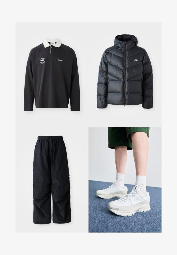 Černá péřová bunda s kapucí, která má zipový přední otvor, design s chevronovým prošíváním, boční kapsy a logo Nike na hrudi.; Černé polokošile s dlouhým rukávem a kontrastním bílým límečkem, zdobené vyšitými logy na hrudníku a rukávu. Vyrobeno z měkké látky.; Černé lehké nylonové cargo kalhoty s elastickým pasem, nastavitelnou šňůrkou a několika vrstvenými kapsami na nohách.; Bílé sportovní boty s texturovanými překryvy, masivní podrážkou a šedými akcenty. Na nohou mají bílé ponožky a zelené šortky na modrém povrchu.