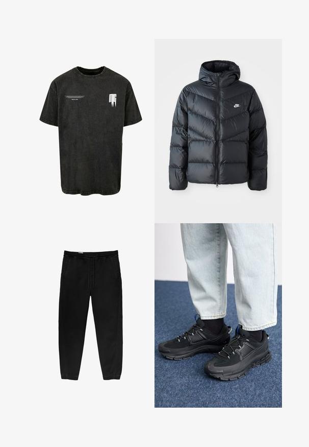 Crna puffer jakna s kapuljačom, s prednjim zatvaračem, dizajnom u obliku rombova, bočnim džepovima i Nike logom na prsima.; Crna majica s kratkim rukavima izrađena od traper tkanine. Ima opušteni kroj, okrugli izrez i bijeli tiskani logo na prsima.; Crne hlače s elastikom u struku i vezicom, sužene nogavice, bočne džepove i suptilne detalje šivanja s strane. Mekana pamučna tkanina.; Crne atletske cipele s teksturiranom tkaninom i gumene potplate, s elastičnim vezicama i plavim akcentom na peti. Nosene su s svijetlim trapericama.