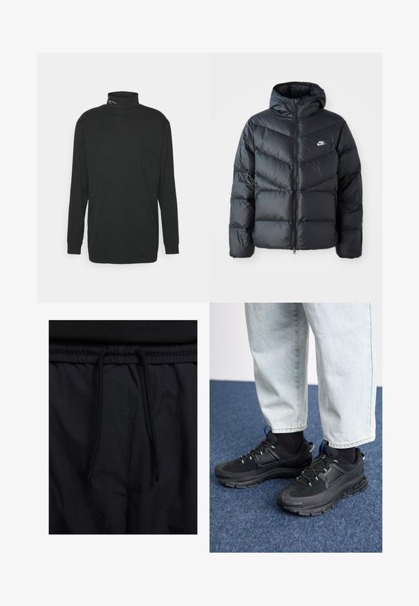 Svart puffjacka med huva, med blixtlås fram, chevronquiltat mönster, sidofickor och Nike-logotyp på bröstet.; Svart långärmad polotröja i bomull med hög krage och en liten logodetalj på nacken. Slät textur.; Svarta shorts med dragsko i midjan, lättviktig tyg med en slät yta och en enkel design utan synliga logotyper eller mönster.; Svarta sportskor med texturerat tyg och gummisulor, med elastiska snörningar och en blå detalj på hälen. Bärs med ljusa jeans.
