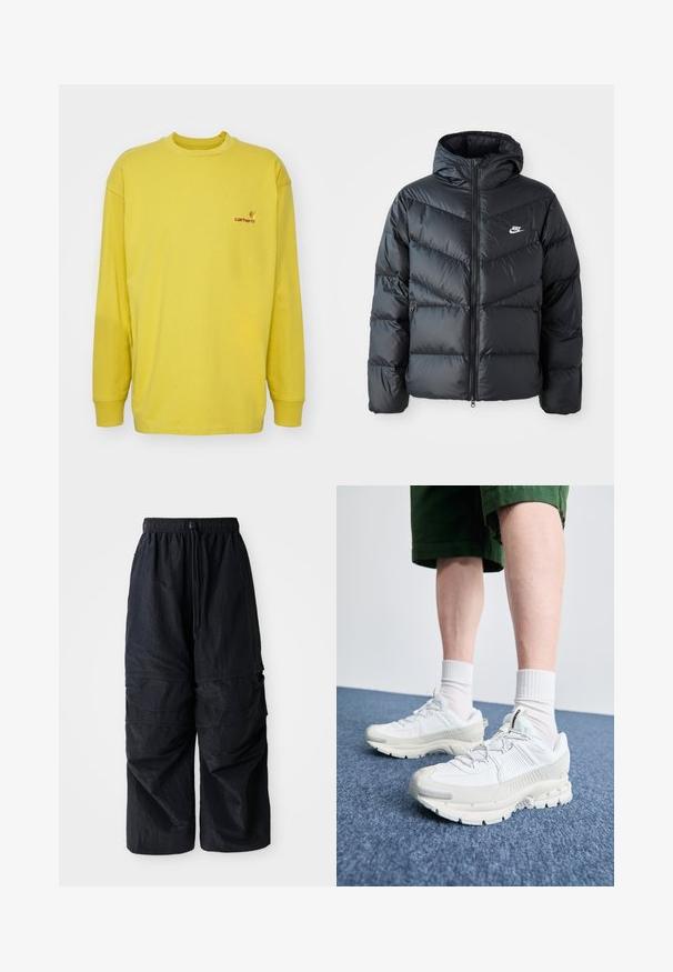 Fekete puffdzseki kapucnival, cipzáras elülső résszel, chevron quiltelt dizájnnal, oldalsó zsebekkel és Nike logóval a mellkasán.; Hosszú ujjú, sárga póló, 100% pamutból készült, kerek nyakkivágással és egy kicsi, piros Carhartt logóval a bal mellrészen.; Fekete, könnyű nátron anyagú cargo nadrág, elasztikus derékpánttal, állítható húzózsinórral és több rétegű zsebekkel a lábakon.; Fehér sportcipők texturált burkolattal, vastag talppal és szürke részletekkel. Fehér sportzoknival és zöld rövidnadrággal viselve, kék felületen.