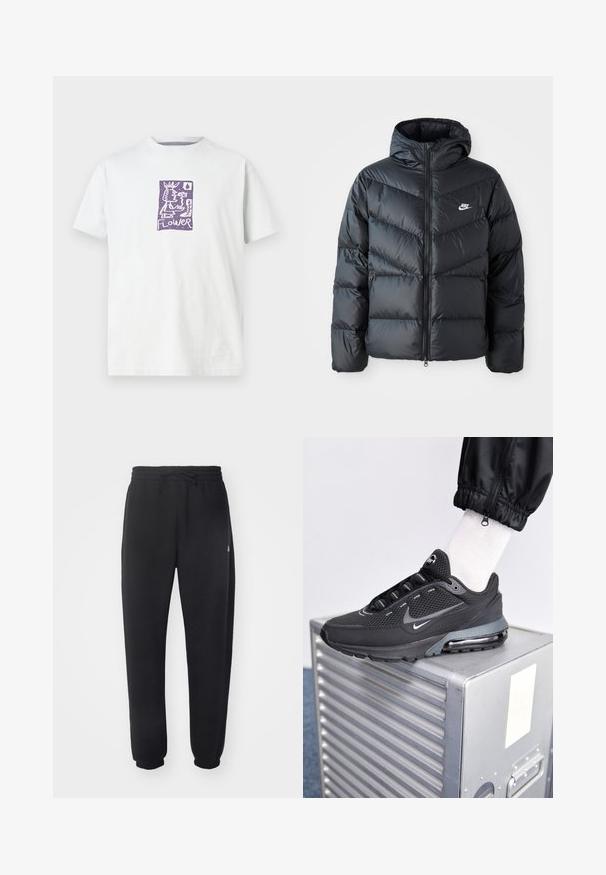 Doudoune noire avec capuche, avec fermeture éclair à l'avant, design matelassé en chevrons, poches latérales et logo Nike sur la poitrine.; T-shirt en coton blanc avec une illustration graphique violette représentant une figure, une fleur et le mot "FLEUR" en son centre. Manches courtes.; Pantalon de sweat noir en matière douce, avec une taille élastique, un cordon de serrage et des poignets fuselés, arborant un logo discret sur le côté.; Nike Sportswear PULSE - Baskets basses - black/anthracite