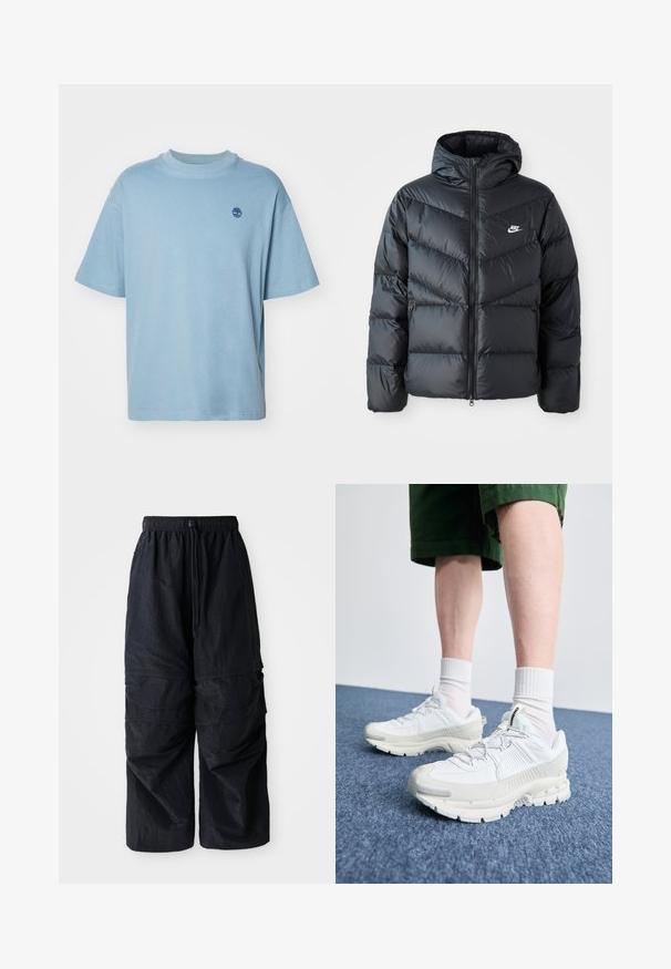 Fekete puffdzseki kapucnival, cipzáras elülső résszel, chevron quiltelt dizájnnal, oldalsó zsebekkel és Nike logóval a mellkasán.; Világoskék, rövid ujjú póló, puha anyagból készült. Kerek nyakkivágással rendelkezik, és a bal mellrészen egy kis sötétkék fa logó található.; Fekete, könnyű nátron anyagú cargo nadrág, elasztikus derékpánttal, állítható húzózsinórral és több rétegű zsebekkel a lábakon.; Fehér sportcipők texturált burkolattal, vastag talppal és szürke részletekkel. Fehér sportzoknival és zöld rövidnadrággal viselve, kék felületen.