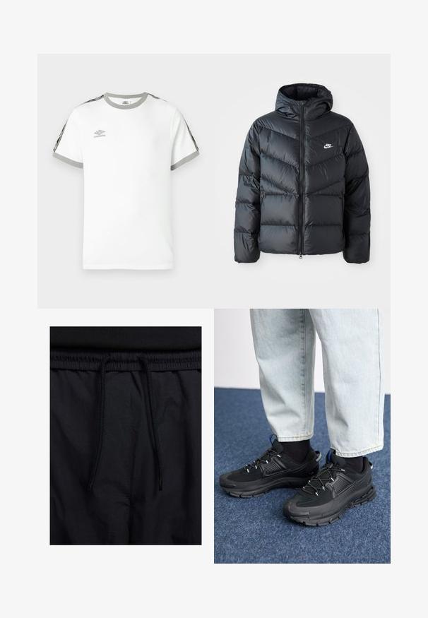 Svart puffjacka med huva, med blixtlås fram, chevronquiltat mönster, sidofickor och Nike-logotyp på bröstet.; Vit kortärmad T-shirt med grå krage och mudd, svarta och grå ränder på ärmarna, och Umbro-logotypen på bröstet.; Svarta shorts med dragsko i midjan, lättviktig tyg med en slät yta och en enkel design utan synliga logotyper eller mönster.; Svarta sportskor med texturerat tyg och gummisulor, med elastiska snörningar och en blå detalj på hälen. Bärs med ljusa jeans.