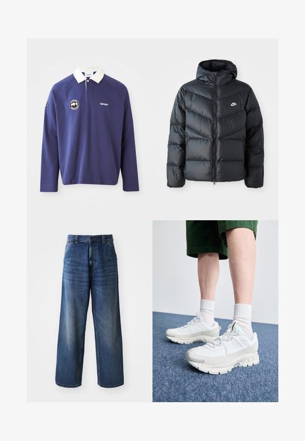 Must must vilakapp, millel on kapuuts, esiosal on lukuga kinnitamine, chevroni õmblusmustri disain, küljetaskud ja Nike logo rinnal.; Tumesinise pika varrukaga polo särk valge kraega, millel on vasakul rinnal ümmargune logo ja tikitud "bareen" tekst. Pehme materjal.; Kõrge vöökohaga sinised denim püksid, laia jala disainiga, millel on peened pleekimised, ees taskud ja nööp sulgemiseks vööl.; Valged sportsijalatsid tekstuursete pealsete, kopsaka tallaga ja hallide aktsentidega. Kanda valgete lühikeste sokkidega ja roheliste lühikeste pükstega sinisel pinnal.