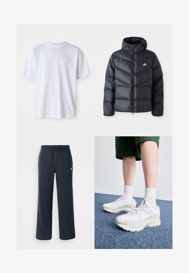 Juodas pūkinis švarkas su kapuce, su užtrauktuku priekyje, zigzaginiu siuvinėjimu, šoninėmis kišenėmis ir Nike logotipu ant krūtinės.; Balta medvilninė marškinėliai su apvalia iškirpte ir trumpomis rankovėmis. Kairėje krūtinės pusėje yra subtilus logotipas, išsiuvinėtas atitinkančia spalva.; Tamsiai mėlyni sportiniai kelnių su elastiniu juosmeniu ir raišteliu. Pagaminti iš minkštos medžiagos, su mažu baltu logotipu kairėje klubo pusėje.; Baltos sportinės bateliai su tekstūruotais uždengimais, masyviu padu ir pilkais akcentais. Dėvimi su baltais trumpais kojiniais ir žaliais šortais mėlyname paviršiuje.