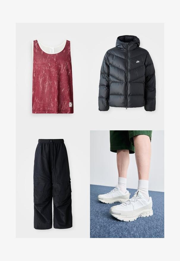 Chaqueta acolchada negra con capucha, con cierre de cremallera al frente, diseño de acolchado en forma de chevron, bolsillos laterales y logo de Nike en el pecho.; Camiseta sin mangas de malla roja con un patrón ligeramente desgastado y desvaído. Presenta un ribete blanco alrededor del escote y las sisas, y una pequeña etiqueta con el logo en la parte inferior.; Pantalones cargo negros de nylon ligero con cinturilla elástica, cordón ajustable y múltiples bolsillos en capas en las piernas.; Zapatillas deportivas blancas con superposiciones texturizadas, una suela gruesa y acentos grises. Llevadas con calcetines blancos hasta la pantorrilla y pantalones cortos verdes sobre una superficie azul.