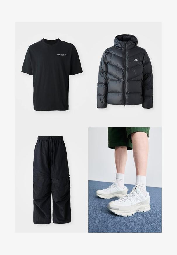 Mustapuffa takki hupulla, jossa on vetoketju edessä, viisto ompelu, sivutaskut ja Nike-logo rinnassa.; Musta puuvillapaita, jossa on pyöreä kaula-aukko, lyhyet hihat, rento malli ja valkoista logo-tekstiä vasemmassa rintapielessä. Ei kuvioita tai yksityiskohtia.; Kevyet mustat nailoniset cargo-housut, joissa on joustava vyötärö, säädettävä naru ja useita kerroksellisia taskuja jaloissa.; Valkoiset urheilukengät, joissa on tekstuuriset päällysteet, paksu pohja ja harmaat yksityiskohdat. Yhdistetty valkoisiin putkisukkiin ja vihreisiin shortseihin sinisellä pinnalla.