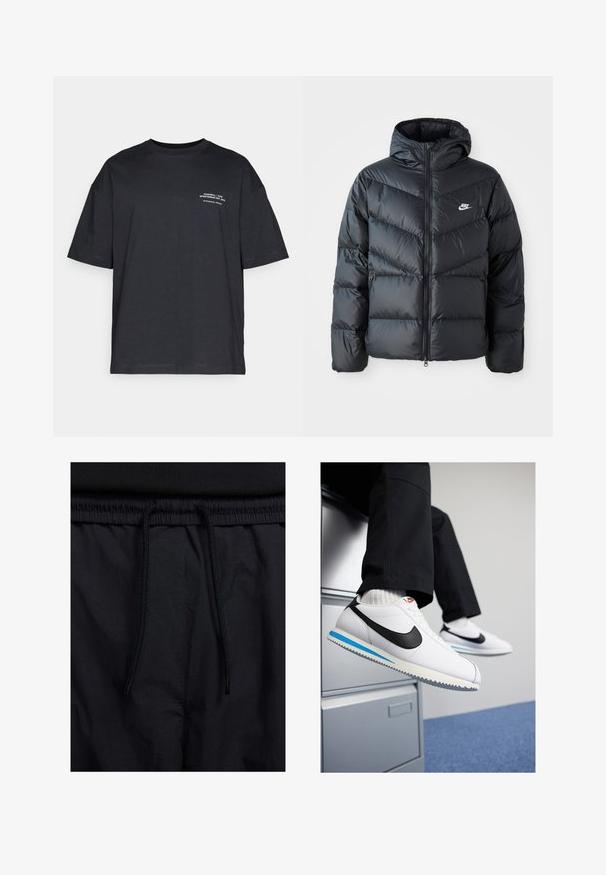 Black puffer jacket with a hood, featuring a zip front, chevron quilted design, side pockets, and Nike logo on the chest.; Black cotton t-shirt with short sleeves, crew neckline, and white text detailing on the left side. Relaxed fit, plain texture, and no patterns.; Black shorts featuring a drawstring waistband, lightweight fabric with a smooth texture, and a simple design without visible logos or patterns.; White leather sneakers with a black Nike swoosh, light blue and grey rubber sole, and classic lace-up design. Feet resting on a filing cabinet.