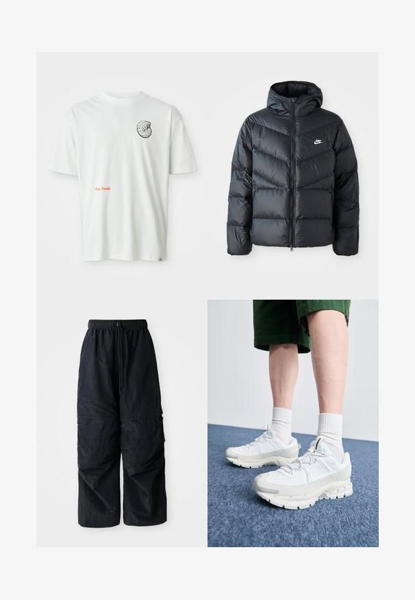 Juodas pūkinis švarkas su kapuce, su užtrauktuku priekyje, zigzaginiu siuvinėjimu, šoninėmis kišenėmis ir Nike logotipu ant krūtinės.; Balta trumpa rankovė t-shirt marškiniai su juodai baltu abstrakčiu fosilijų piešiniu kairėje krūtinės pusėje ir oranžine užrašu "Texas Fossils" ant priekinės dalies.; Juodos lengvos nailono cargo kelnės su elastingu juosmeniu, reguliuojamu raišteliu ir daugybe sluoksniuotų kišenių ant kojų.; Baltos sportinės bateliai su tekstūruotais uždengimais, masyviu padu ir pilkais akcentais. Dėvimi su baltais trumpais kojiniais ir žaliais šortais mėlyname paviršiuje.