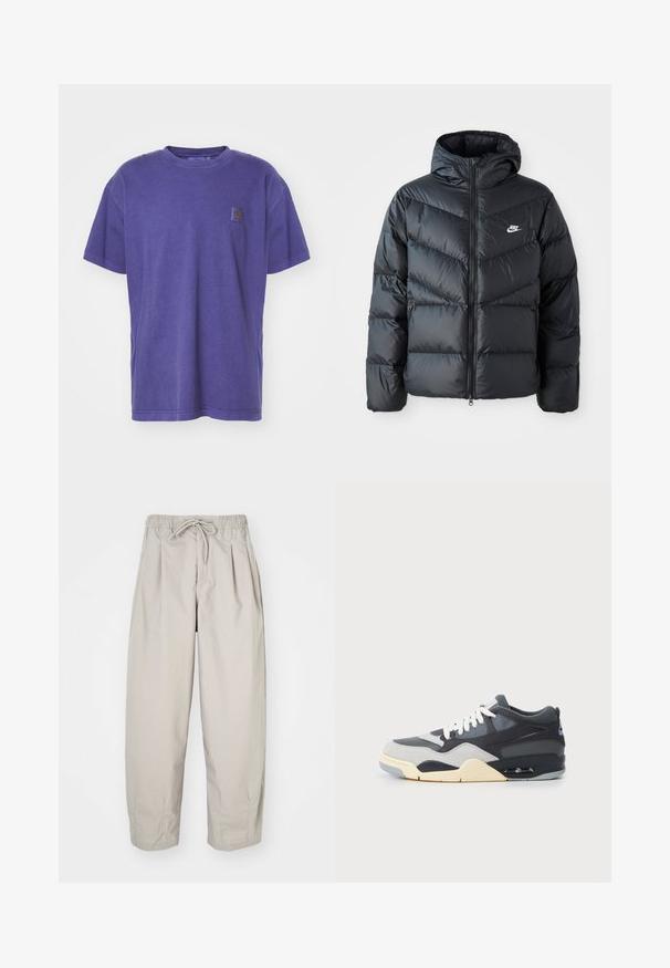 Juodas pūkinis švarkas su kapuce, su užtrauktuku priekyje, zigzaginiu siuvinėjimu, šoninėmis kišenėmis ir Nike logotipu ant krūtinės.; Violet medvilninis marškinėliai, apvaliu iškirpimu, laisvo kirpimo, trumpomis rankovėmis, turi mažą logotipą kairėje krūtinės pusėje, lygus paviršius, kasdienis dizainas.; Šviesiai rudi, lengvi kelnių su elastine juosta ir raišteliu. Turintys klostes ir laisvą siluetą, pagaminti iš minkštos, glotnios medžiagos.; Bėgimo bateliai su mišrių medžiagų viršutine dalimi, pilkos ir tamsiai mėlynos spalvos, paminkštintu padu, baltais raišteliais ir mėlynu akcentu ant kulno.