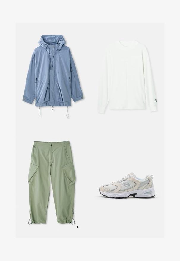 Vaaleansininen takki hupulla, säädettävillä nyöreillä, kaksi etutaskua ja joustavat hihansuut. Valmistettu vedenkestävästä materiaalista, jossa on sileä pinta.; Valkoinen pitkähiha pulloveri, jossa on pyöreä kaula-aukko, ribbaus hihansuissa ja keskimmäinen sauma, joka kulkee pystysuoraan edessä. Pehmeää kangasta.; Valkoinen puuvillainen hihaton toppi, jossa on pyöreä pääntie. Topissa on sileä pinta ja se on muotoiltu istuvaksi, suunniteltu rentoon käyttöön.; Vaaleanvihreät cargo-housut, joissa on joustava vyötärö, useita sivutaskuja ja kiristysnyörit nilkoissa. Valmistettu kestävästä, rakenteellisesta kankaasta.; Urheilusandaalit, joissa on vaaleanharmaa verkkopäällinen nahkapainatuksilla, valkoiset nauhat ja musta kumipohja. Huomiota herättävä ABZORB-vuorauksen yksityiskohta.