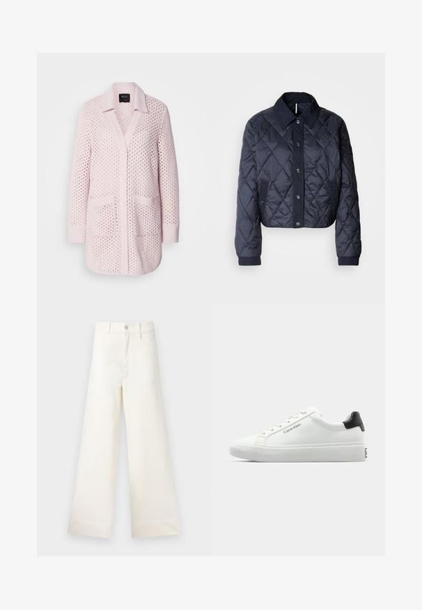 Casaco acolchoado azul marinho com um grande colarinho, fecho de botões e punhos elásticos. Apresenta costura diagonal e bolsos laterais. Textura suave e lisa.; Cardigan rosa claro feito de tecido texturizado, apresentando um decote em V, botões na frente, dois bolsos e mangas longas com punhos canelados.; T-shirt branco cropped, mangas curtas e largas, material de algodão suave, decote redondo com um discreto acabamento laranja, design minimalista, sem padrões ou gráficos.; Calças largas em algodão bege claro. Apresentam uma cintura alta, bolsos frontais e um corte reto. Acabamento de bainha limpo, sem padrões.; Sapatilha branca com acabamento liso, detalhe preto no calcanhar e design com atacadores. Apresenta a marca "Calvin Klein" na lateral. Estilo minimalista.