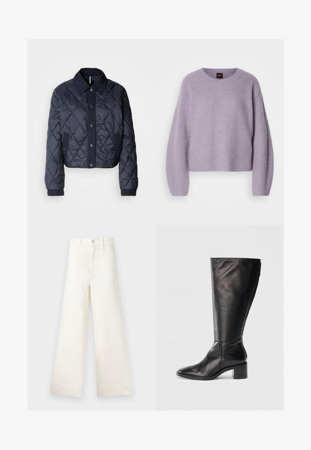 Tumši zils, quiltēts jaka ar lielu apkakli, pogu fasādi un elastīgām aprocēm. Satur diagonālas šuves un sānu kabatas. Mīksta, gluda tekstūra.; Gaiši purpursarkans adīts džemperis ar noapaļotu kakla izgriezumu, kritienu pleciem un ribota raksta tekstūru. Iezīmējas ar smalku šuvju rakstu gar šuvēm.; Platākas kāju bikses gaiši pelēkā kokvilnā. Iespējams augsts jostasvieta, priekšējās kabatas un taisna griezuma. Tīrs apakšmalas apdare bez rakstiem.; Melnas ādas augstas celus zābaki ar kvadrātveida purngaliem, bloku papēdi un elegantu dizainu. Gluda tekstūra ar sānu rāvējslēdzēju vieglai uzvilkšanai.