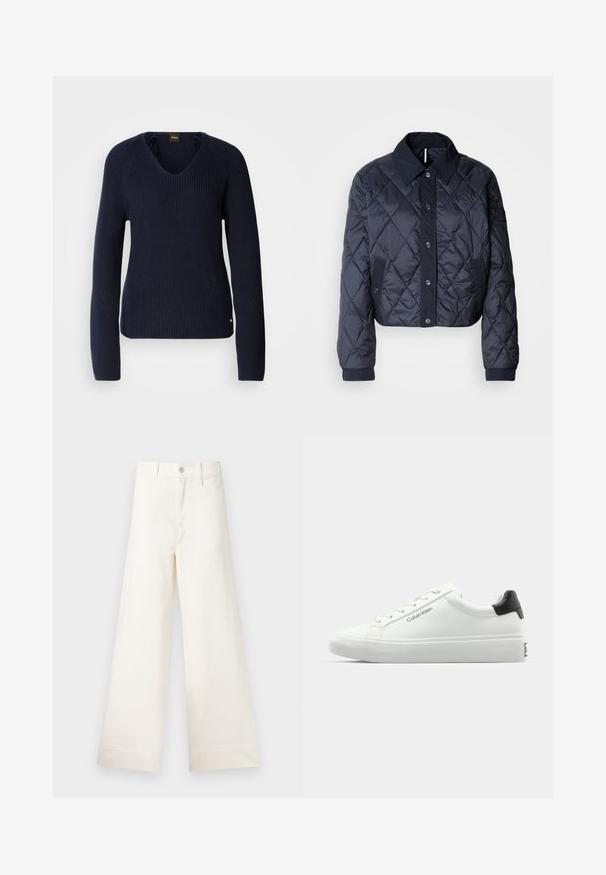 Casaco acolchoado azul marinho com um grande colarinho, fecho de botões e punhos elásticos. Apresenta costura diagonal e bolsos laterais. Textura suave e lisa.; Suéter de malha azul marinho com decote em V, mangas raglan longas e tecido texturizado. Apresenta um pequeno logotipo no canto inferior esquerdo.; Calças largas em algodão bege claro. Apresentam uma cintura alta, bolsos frontais e um corte reto. Acabamento de bainha limpo, sem padrões.; Sapatilha branca com acabamento liso, detalhe preto no calcanhar e design com atacadores. Apresenta a marca "Calvin Klein" na lateral. Estilo minimalista.